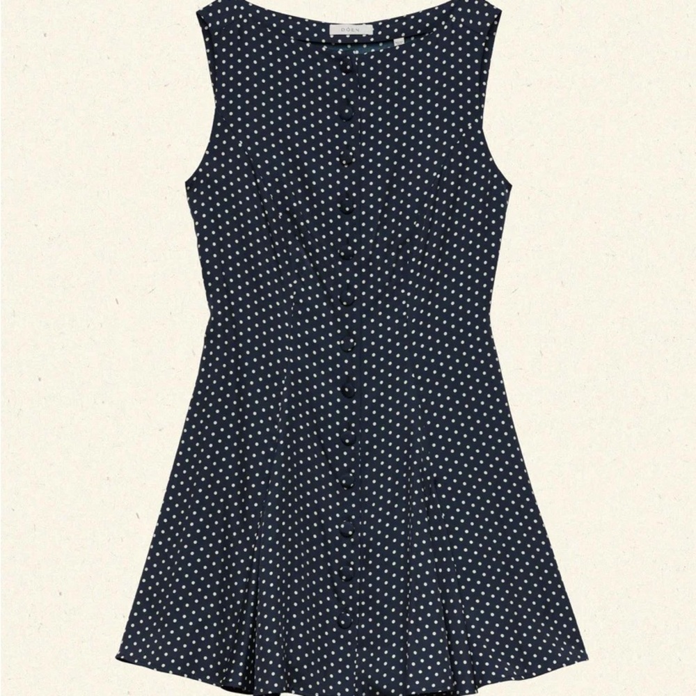 Dôen Monette Silk Polka Dot Dress Doen Dark Navy Cream Sleeveless A-line Belted